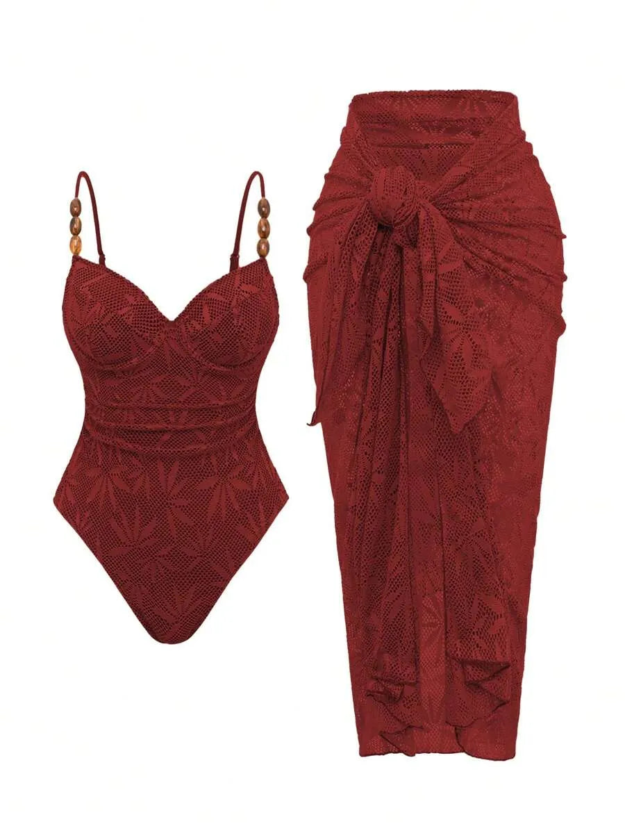 2-Piece Set Women's One-Piece Swimsuit with Thin Straps and Open Back, and Maxi Skirt