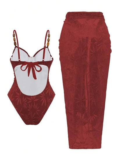 2-Piece Set Women's One-Piece Swimsuit with Thin Straps and Open Back, and Maxi Skirt