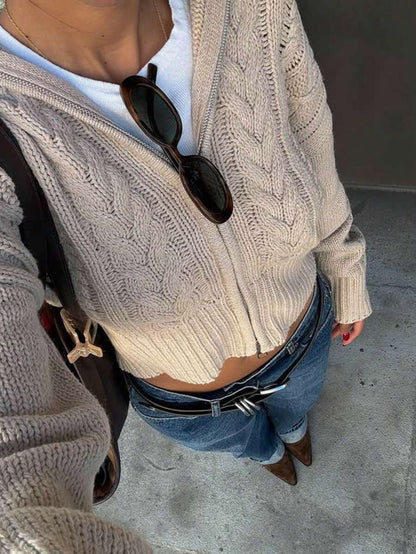 Vintage Double Neck Cardigan with Braided Zipper Casual Off-Shoulder Style