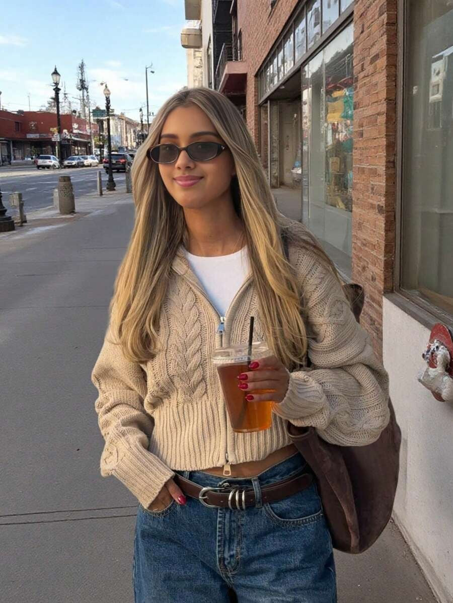 Vintage Double Neck Cardigan with Braided Zipper Casual Off-Shoulder Style