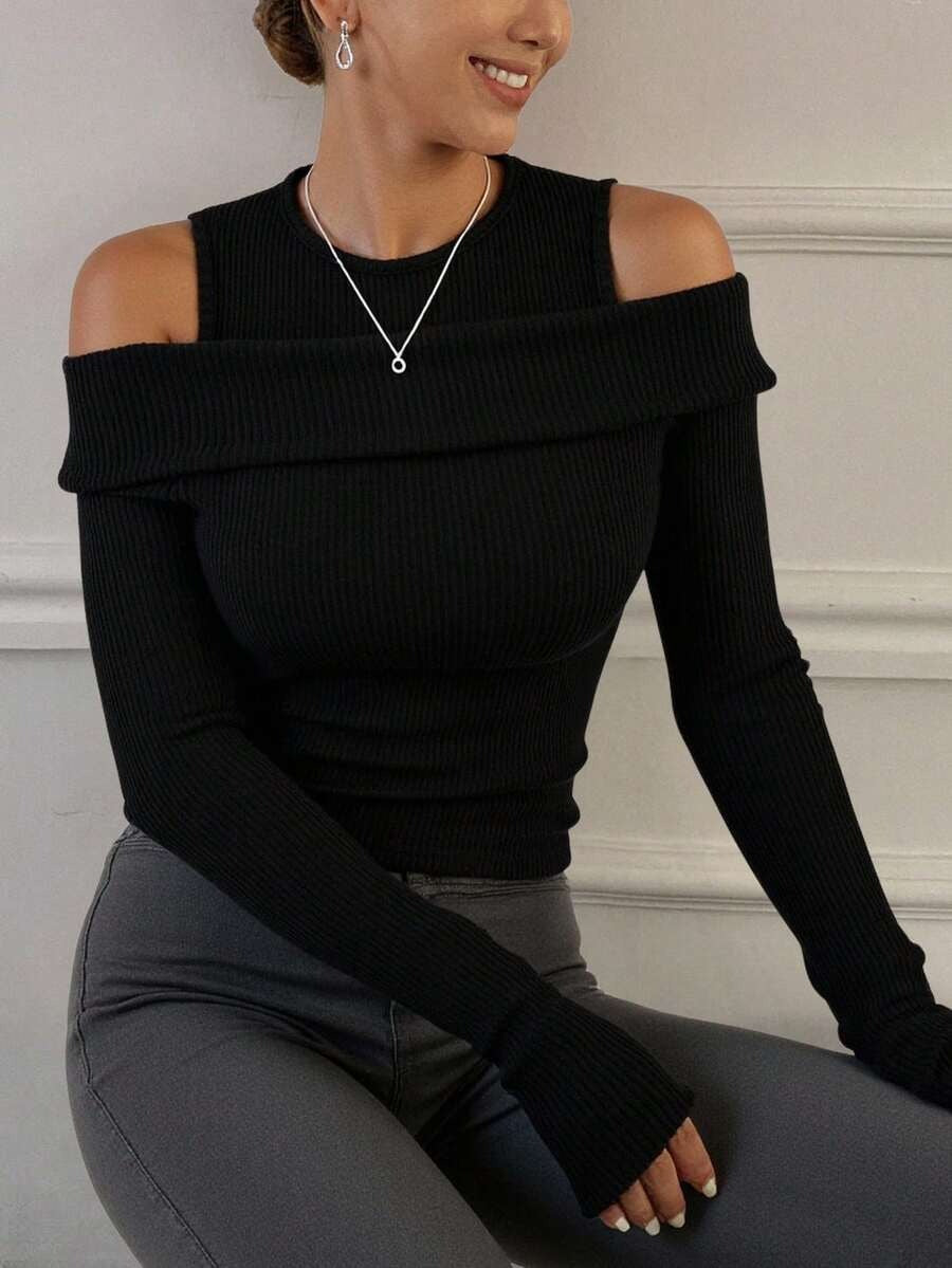 Women's 2-in-1 Solid Color Off-Shoulder Slim Fit Shirt, Black