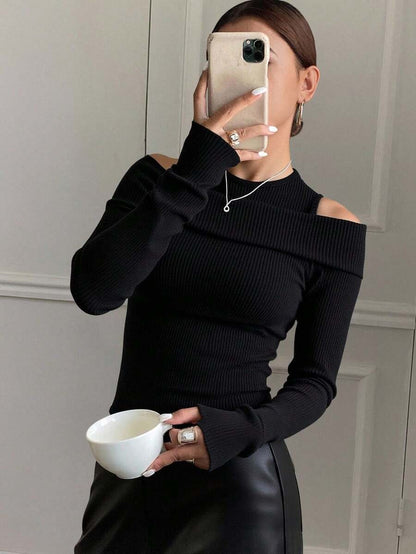 Women's 2-in-1 Solid Color Off-Shoulder Slim Fit Shirt, Black