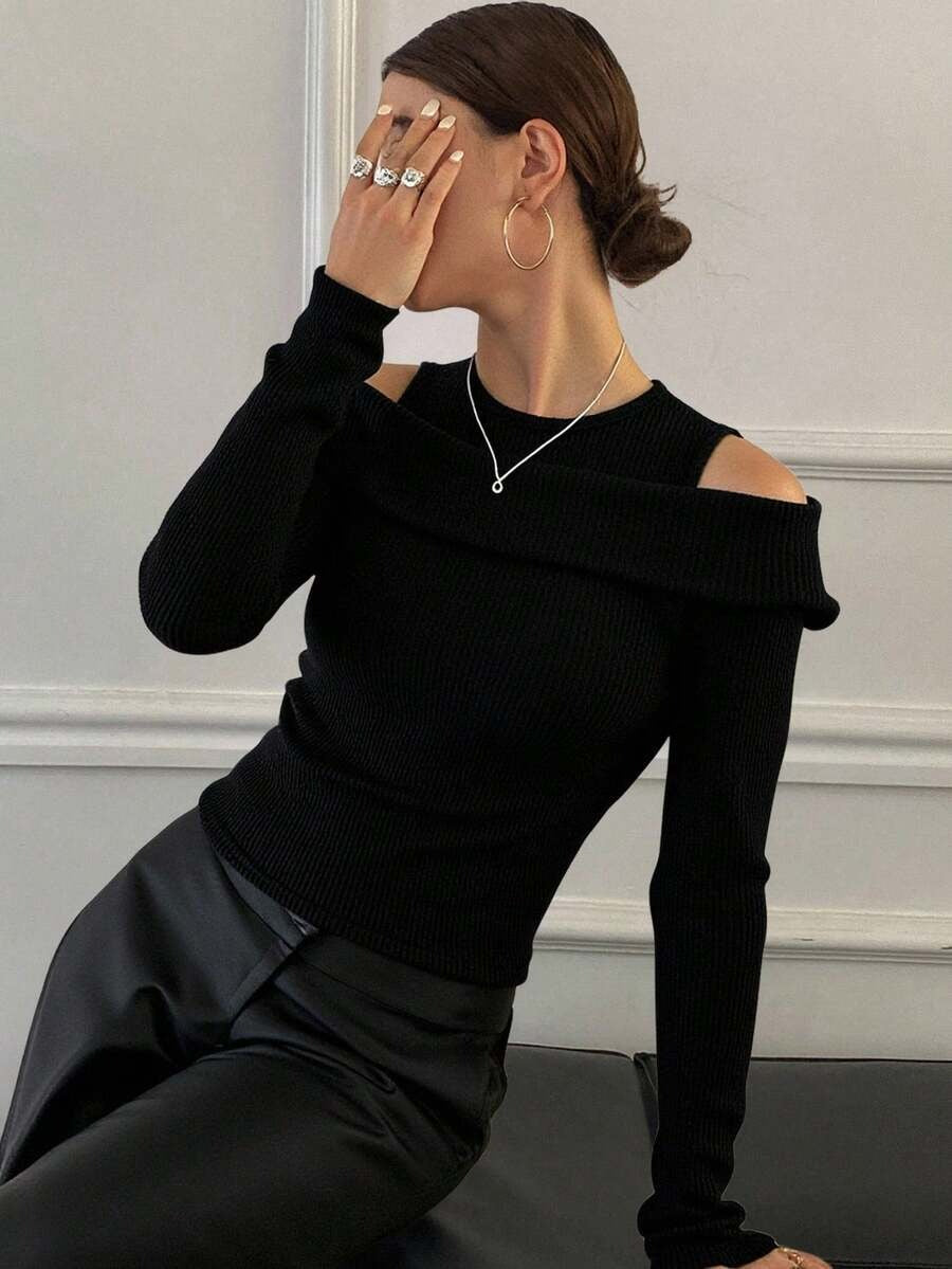 Women's 2-in-1 Solid Color Off-Shoulder Slim Fit Shirt, Black
