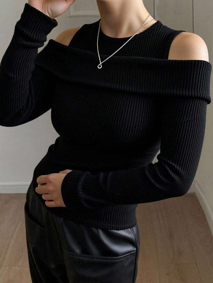 Women's 2-in-1 Solid Color Off-Shoulder Slim Fit Shirt, Black