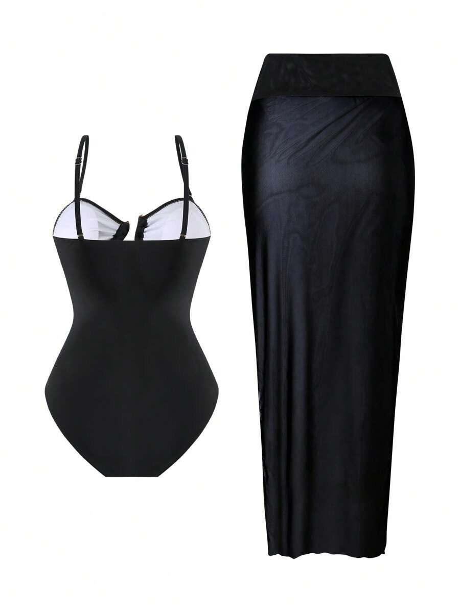 2-Piece Set Women’s Bikini & Beach Skirt – Black Cutout Top, Casual Summer Vacation Outfit