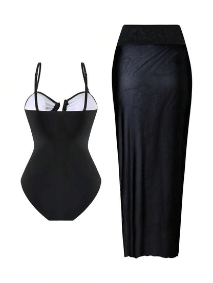 2-Piece Set Women’s Bikini & Beach Skirt – Black Cutout Top, Casual Summer Vacation Outfit