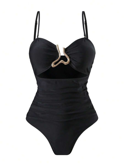 2-Piece Set Women’s Bikini & Beach Skirt – Black Cutout Top, Casual Summer Vacation Outfit
