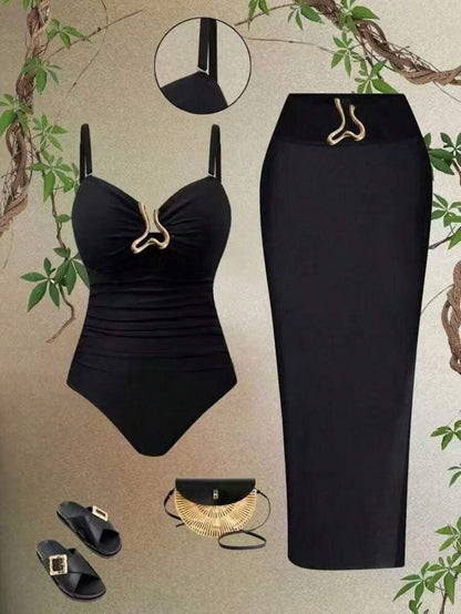 2-Piece Set Women’s Bikini & Beach Skirt – Black Cutout Top, Casual Summer Vacation Outfit