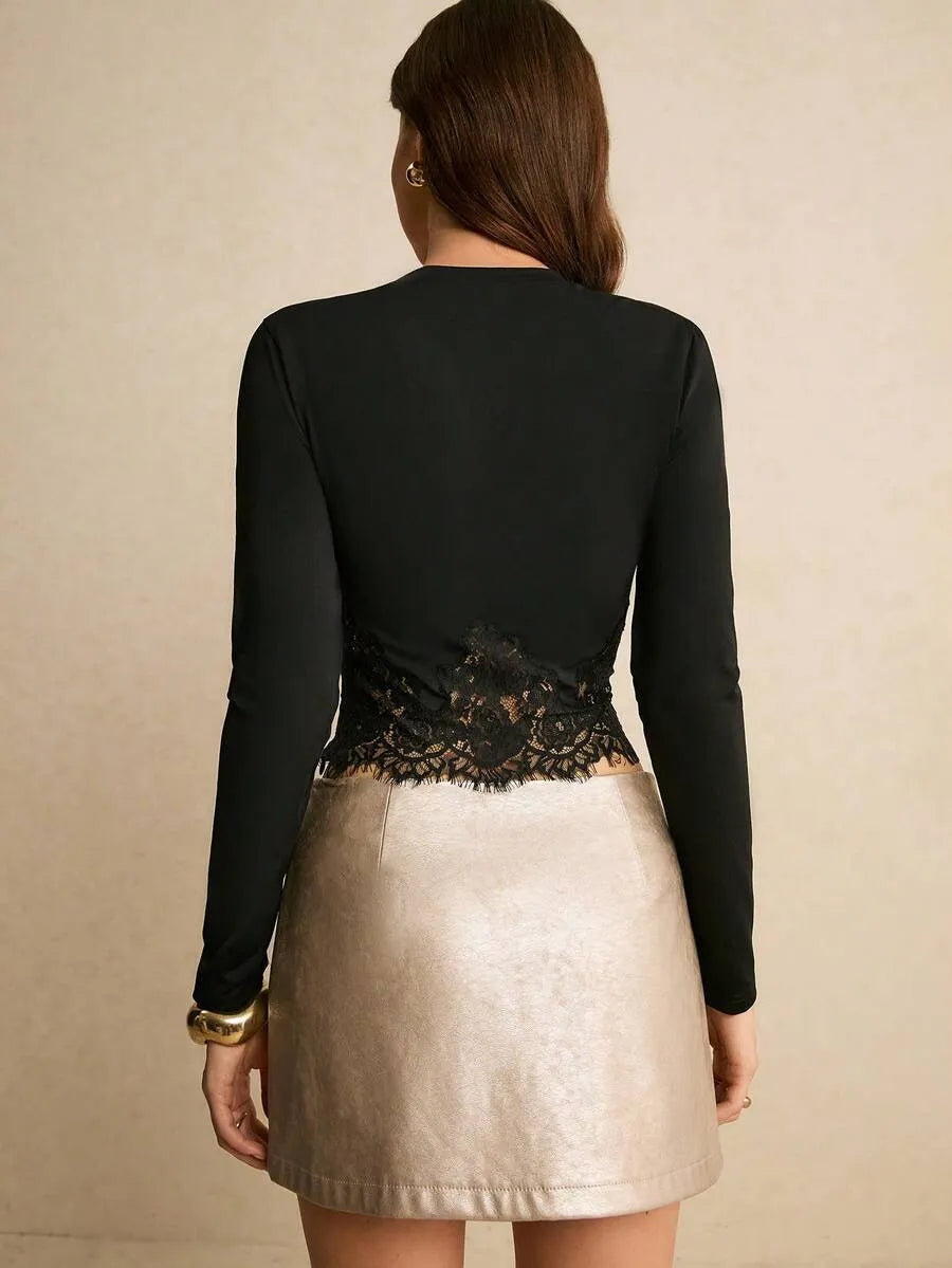 Women's Black Round Neck Long Sleeve Contrast Lace Cropped Fitted Top,Elegant Casual Blouse