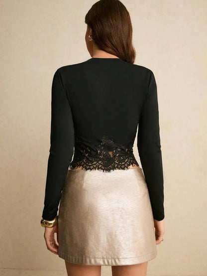 Women's Black Round Neck Long Sleeve Contrast Lace Cropped Fitted Top,Elegant Casual Blouse