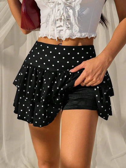 Women’s Black & White Polka Dot A-Line Skirt – Ruffle Hem Design