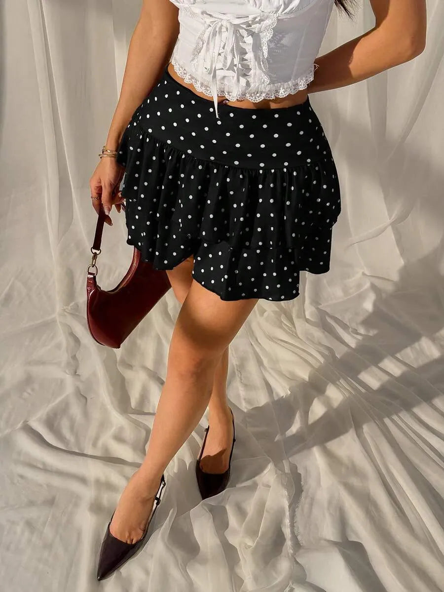 Women’s Black & White Polka Dot A-Line Skirt – Ruffle Hem Design