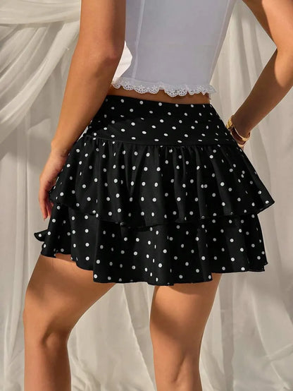 Women’s Black & White Polka Dot A-Line Skirt – Ruffle Hem Design