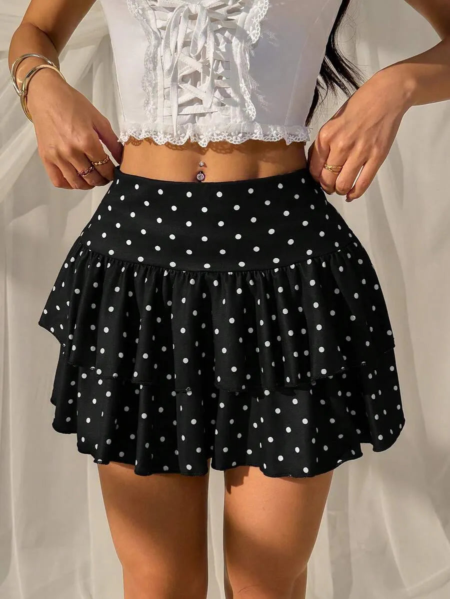 Women’s Black & White Polka Dot A-Line Skirt – Ruffle Hem Design