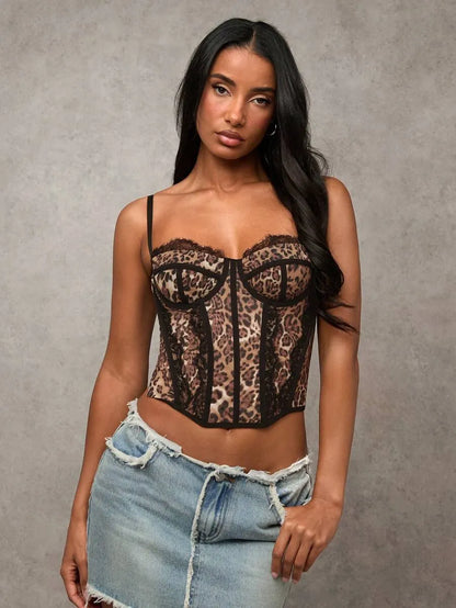 Women's Brown Tiger Print Camisole Top with Lace Mesh Embroidery