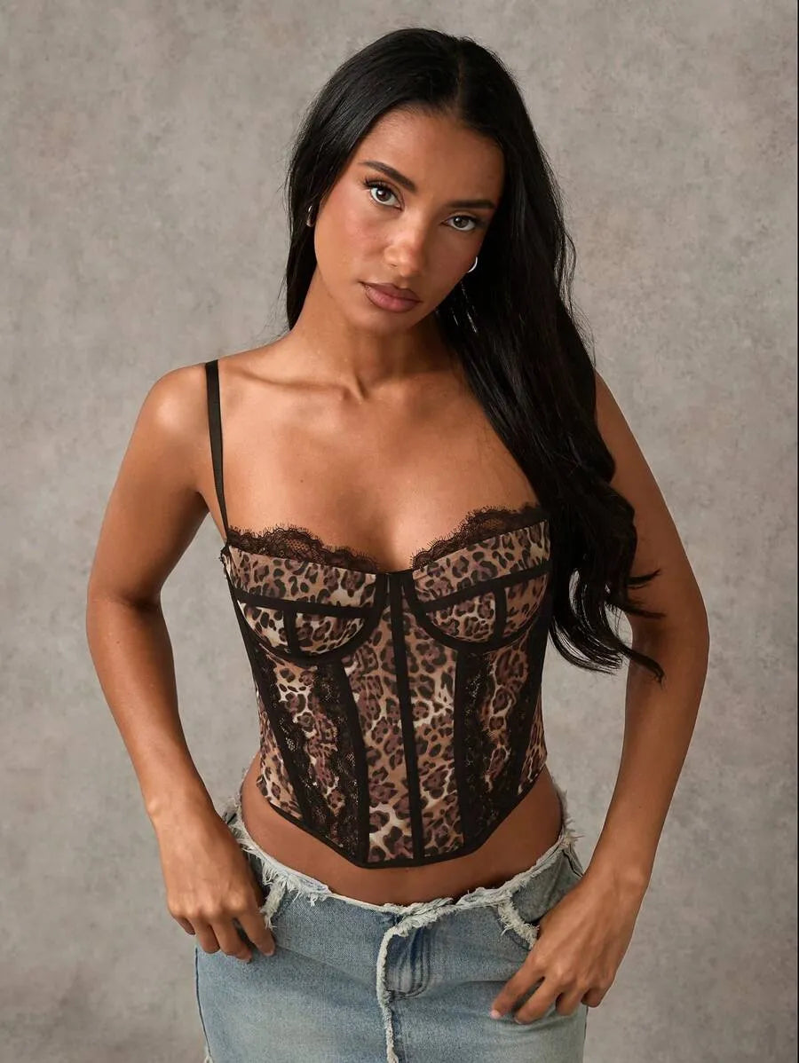 Women's Brown Tiger Print Camisole Top with Lace Mesh Embroidery