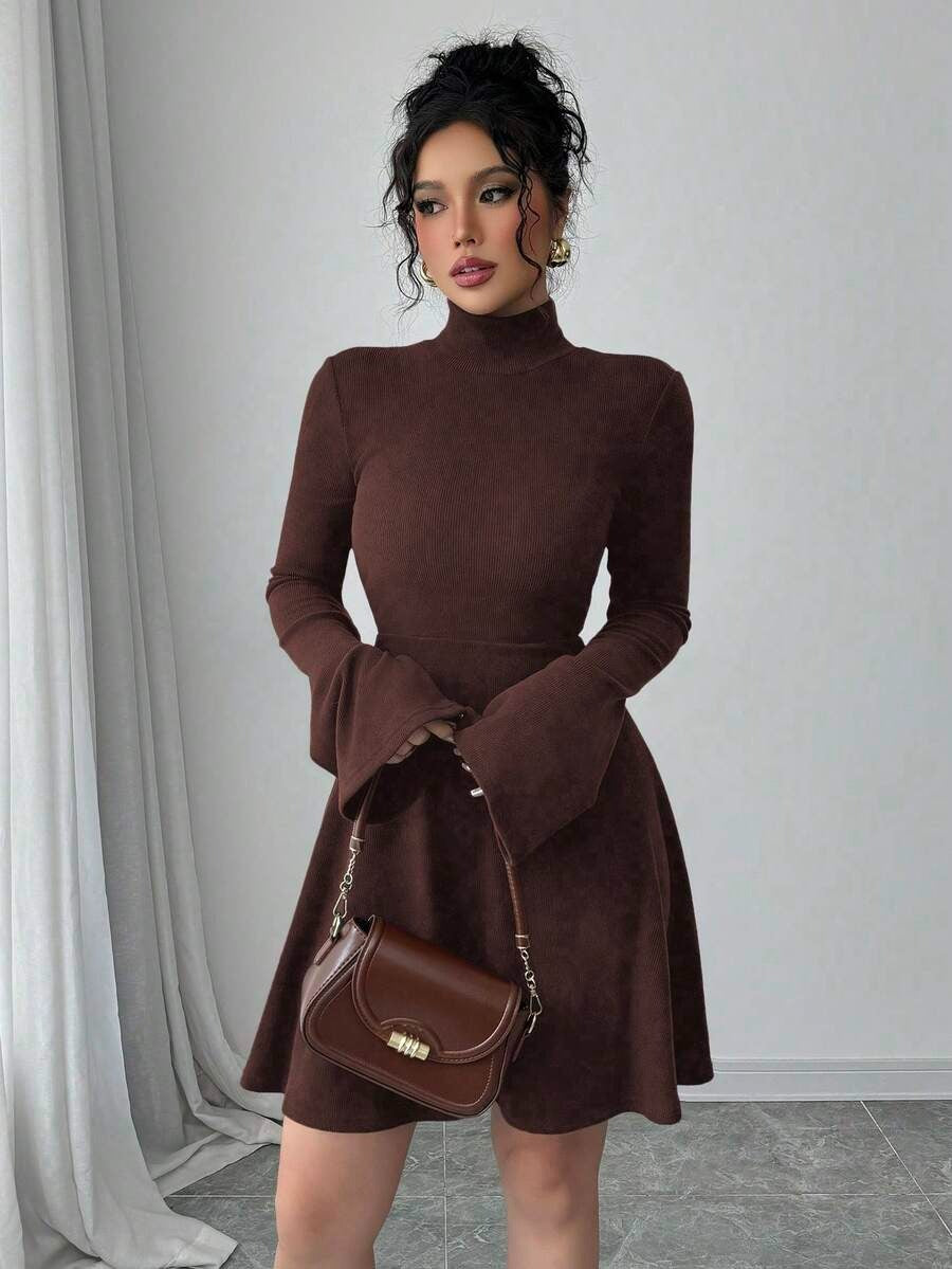 Women's Casual Midi Dress, Long Sleeves, Faux Shirt Collar, Half Button Front