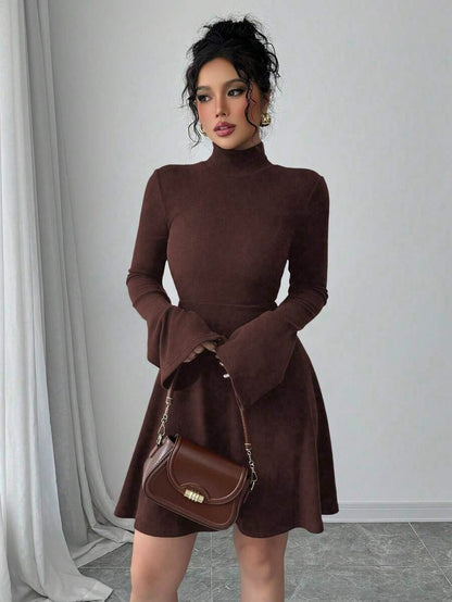 Women's Casual Midi Dress, Long Sleeves, Faux Shirt Collar, Half Button Front