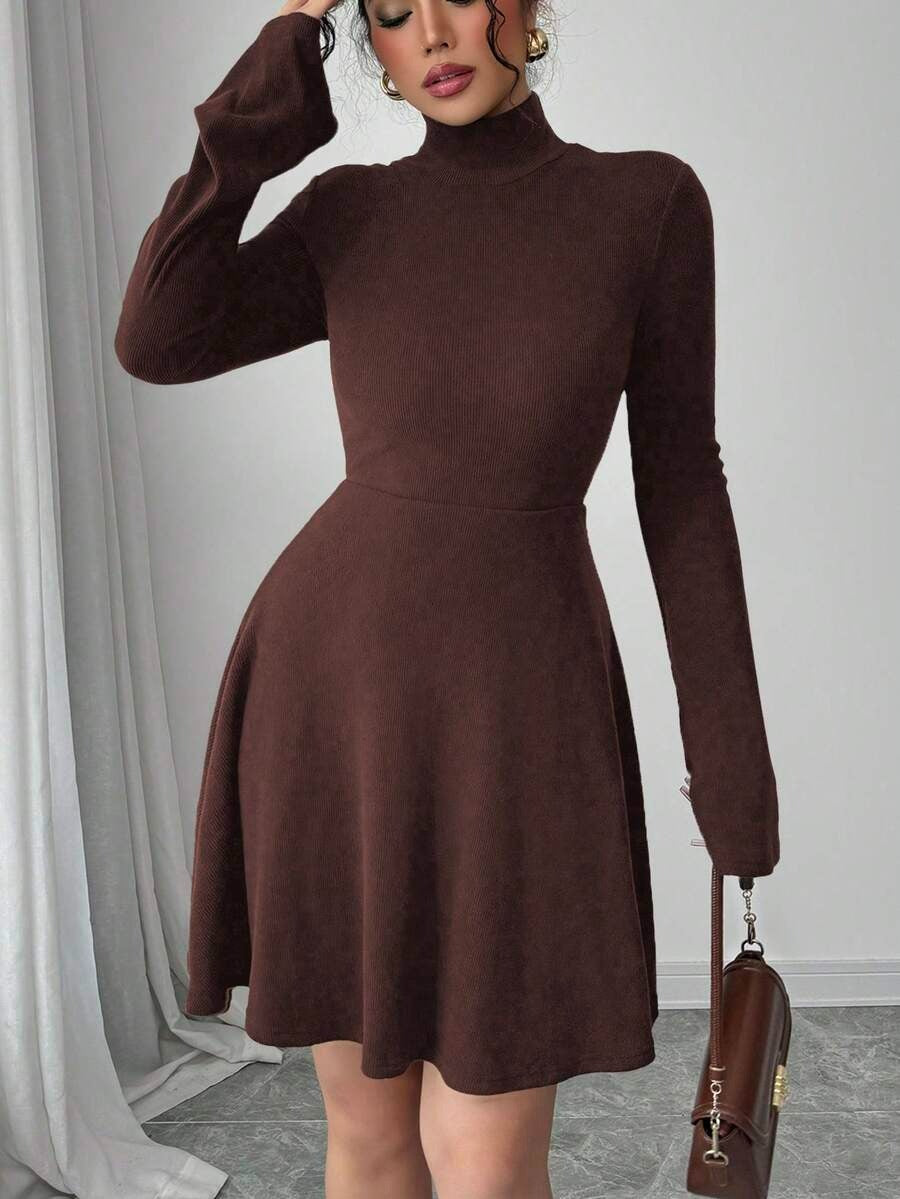 Women's Casual Midi Dress, Long Sleeves, Faux Shirt Collar, Half Button Front