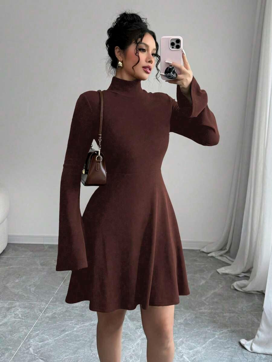 Women's Casual Midi Dress, Long Sleeves, Faux Shirt Collar, Half Button Front