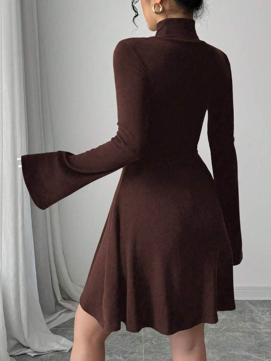 Women's Casual Midi Dress, Long Sleeves, Faux Shirt Collar, Half Button Front