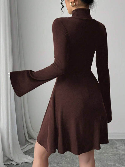 Women's Casual Midi Dress, Long Sleeves, Faux Shirt Collar, Half Button Front