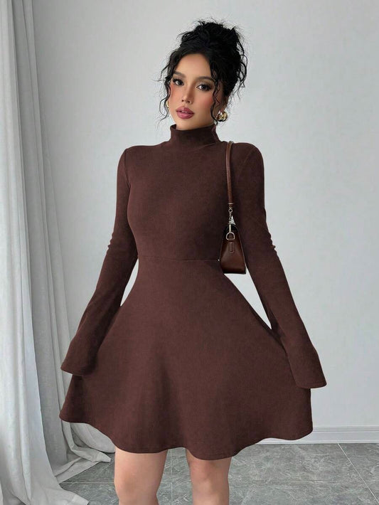 Women's Casual Midi Dress, Long Sleeves, Faux Shirt Collar, Half Button Front