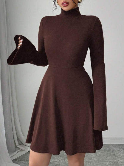 Women's Casual Midi Dress, Long Sleeves, Faux Shirt Collar, Half Button Front