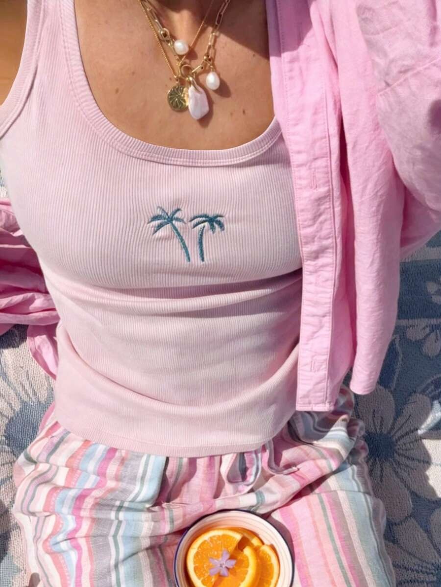 Women's Casual Sleeveless Palm Tree Embroidered Top