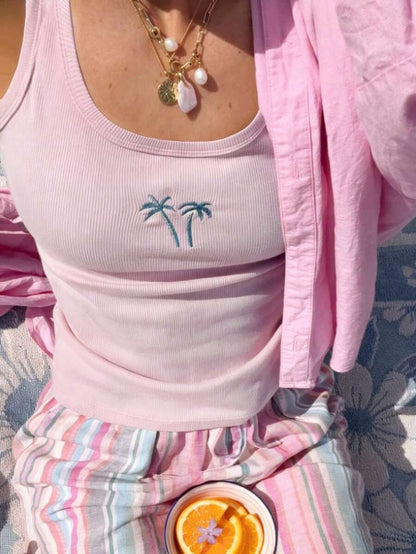 Women's Casual Sleeveless Palm Tree Embroidered Top