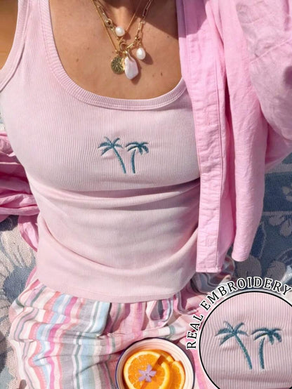 Women's Casual Sleeveless Palm Tree Embroidered Top
