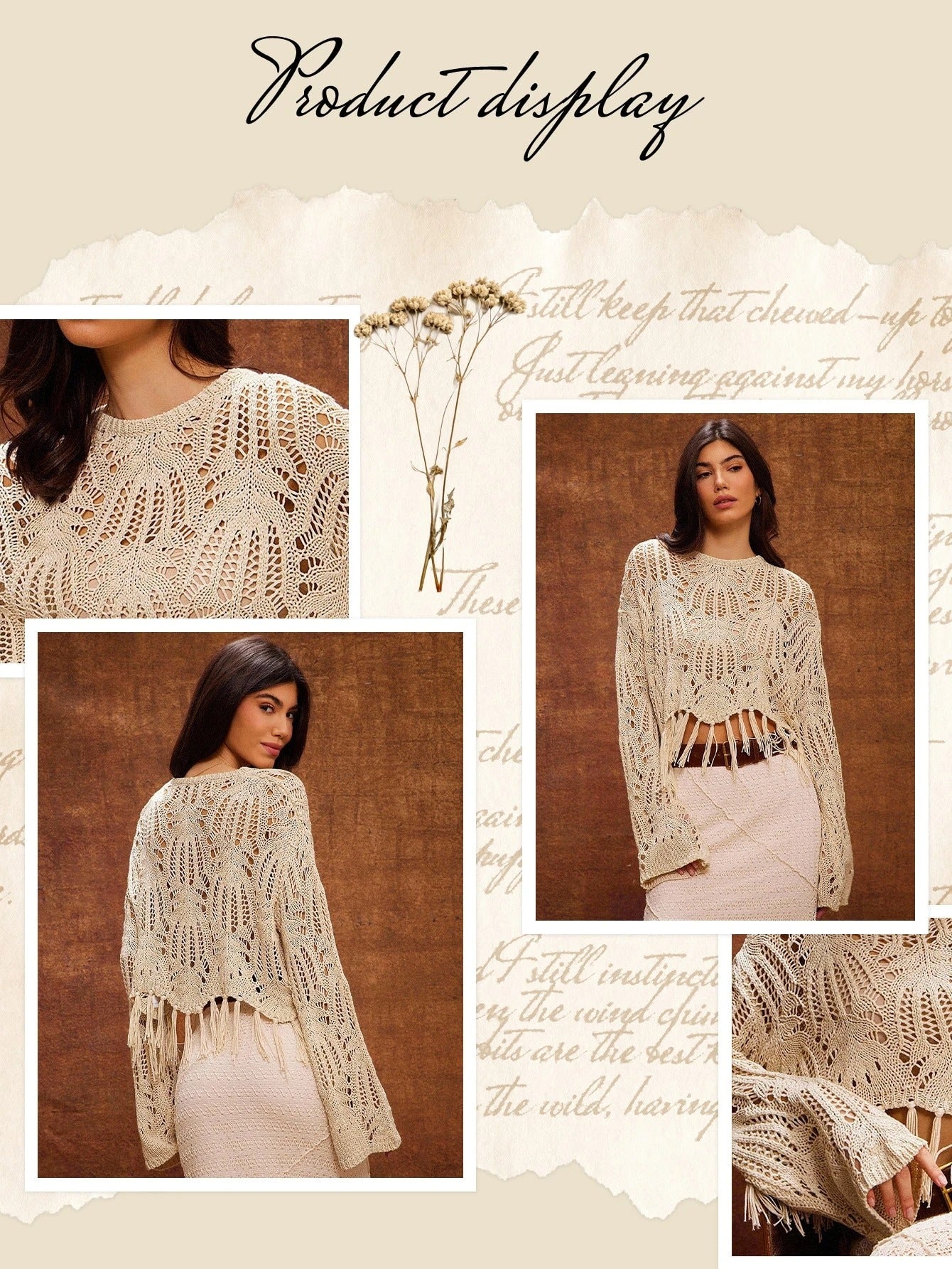 Women’s Crew Neck Sweater – Long Sleeves & Fringe Hem