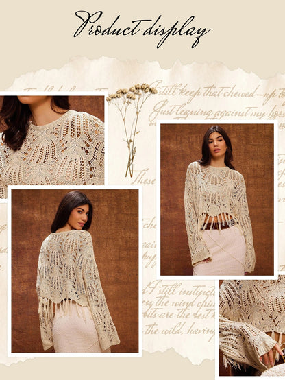 Women’s Crew Neck Sweater – Long Sleeves & Fringe Hem