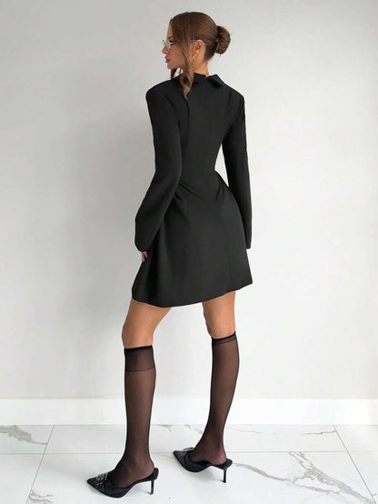 Women’s Elegant Black Turn-Down Dress – Rhinestone Detail, Long-Sleeve