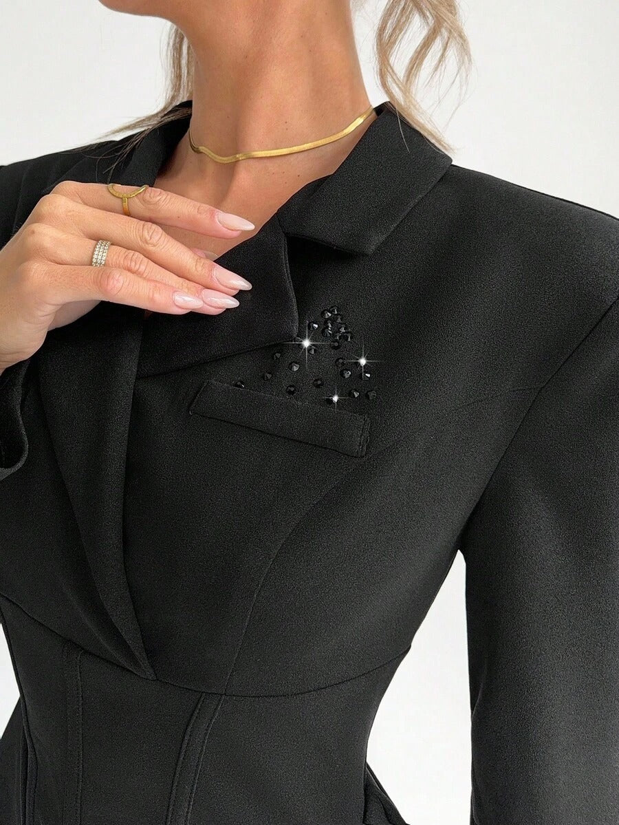 Women’s Elegant Black Turn-Down Dress – Rhinestone Detail, Long-Sleeve