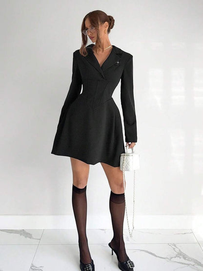 Women’s Elegant Black Turn-Down Dress – Rhinestone Detail, Long-Sleeve