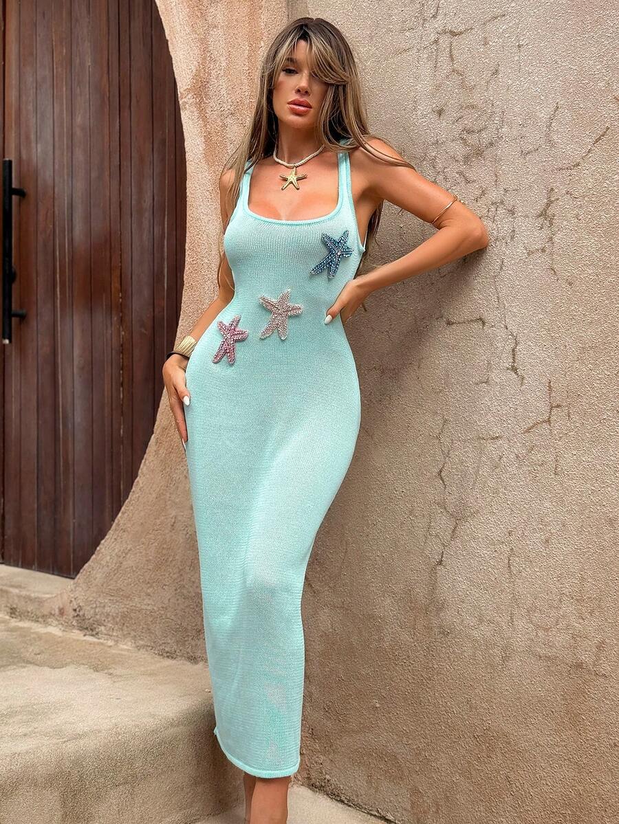 Women's Elegant Holiday Style Dress with Diamond Starfish in Blue