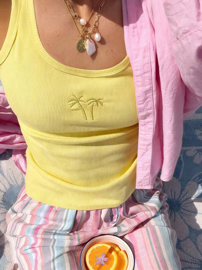 Women's Essential Top with Embroidered Coconut Tree Print for Holidays and Everyday Wear
