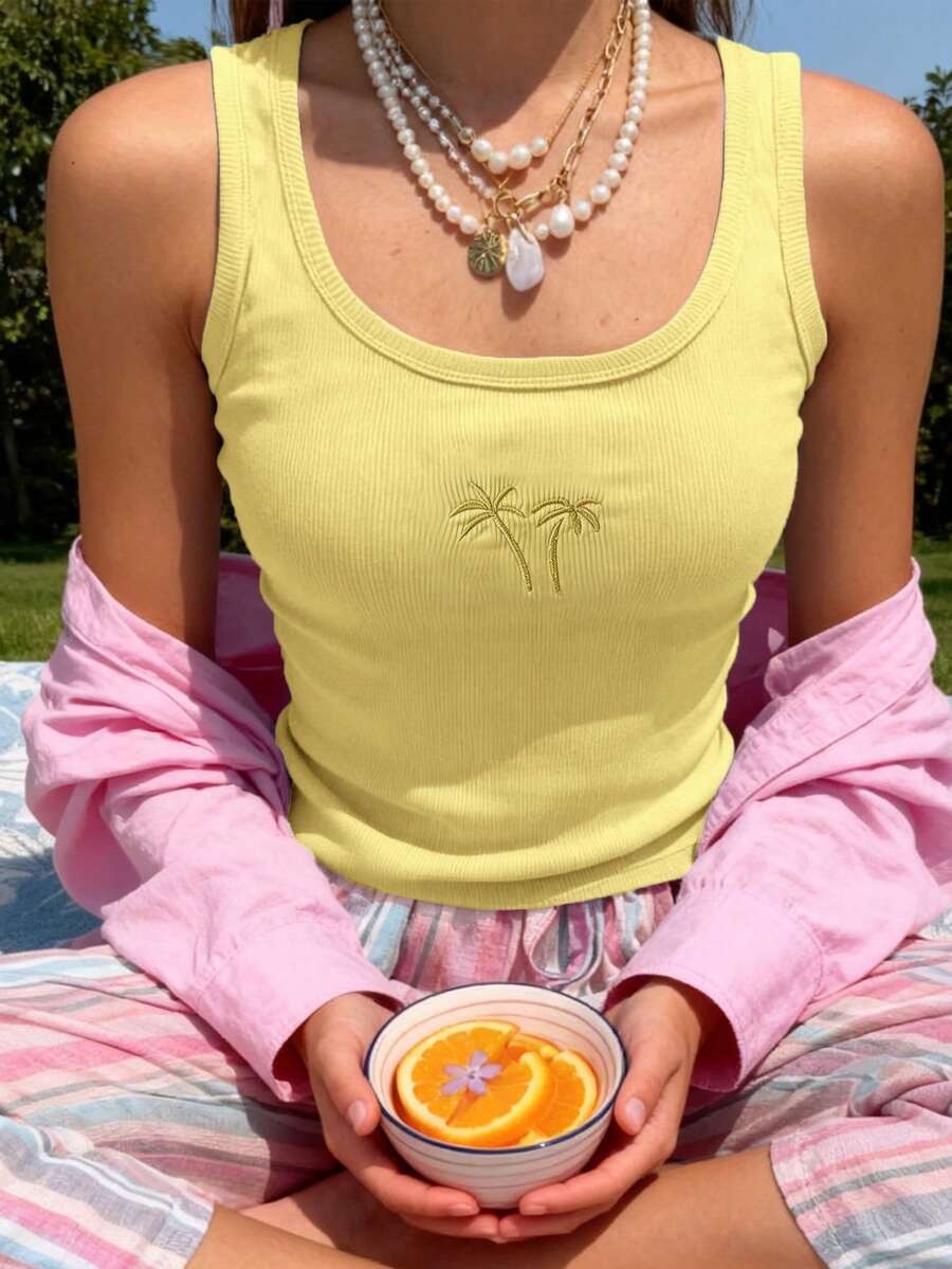 Women's Essential Top with Embroidered Coconut Tree Print for Holidays and Everyday Wear
