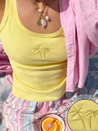 Women's Essential Top with Embroidered Coconut Tree Print for Holidays and Everyday Wear