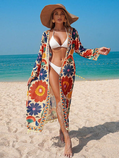 Women's Floral Print Kimono with Removable Belt, Suitable for Beach, Parties and Vacations