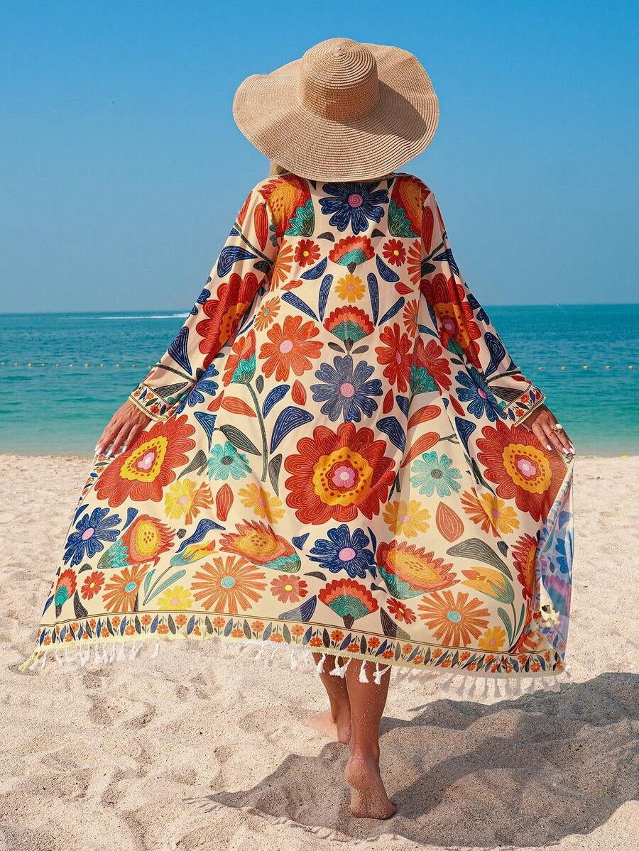 Women's Floral Print Kimono with Removable Belt, Suitable for Beach, Parties and Vacations