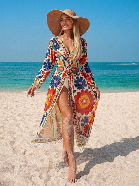Women's Floral Print Kimono with Removable Belt, Suitable for Beach, Parties and Vacations