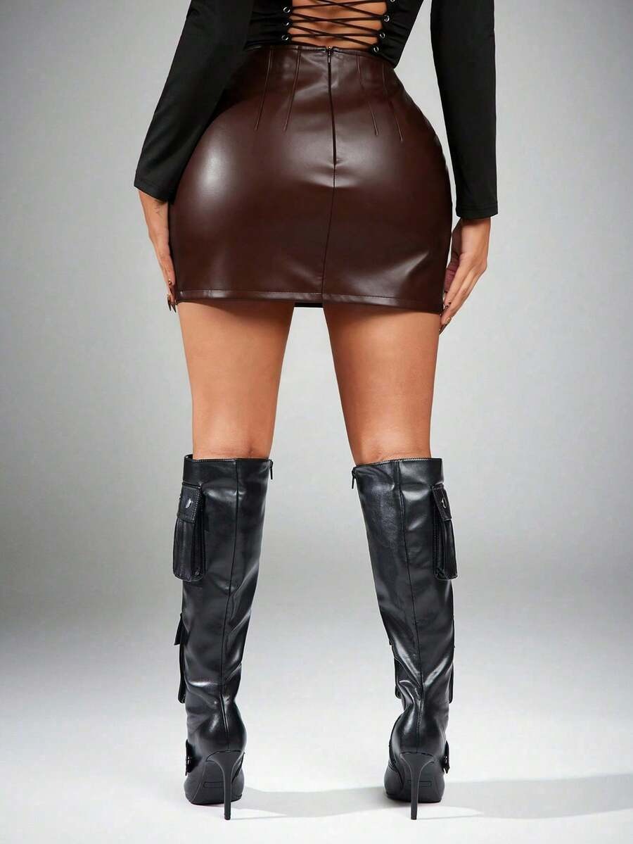 Women's High Waist Solid Color PU Leather Bodycon Skirt with Side Slit