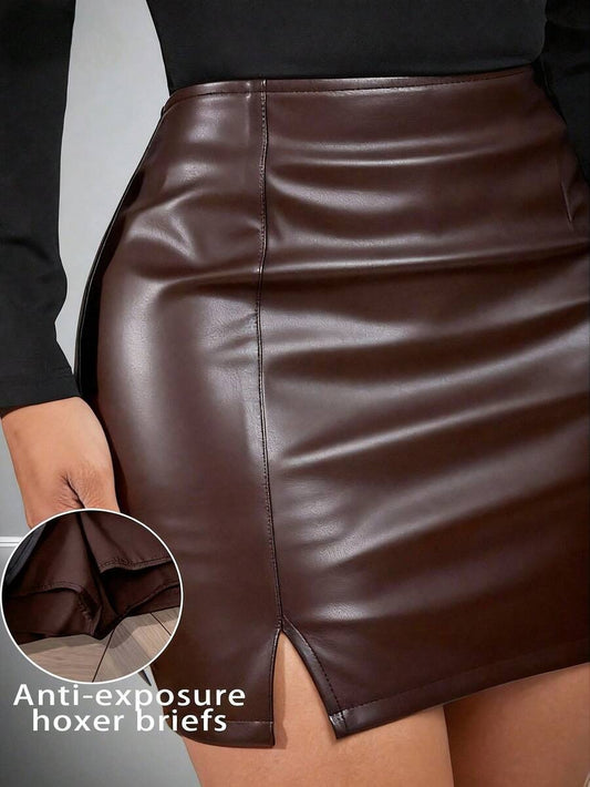 Women's High Waist Solid Color PU Leather Bodycon Skirt with Side Slit