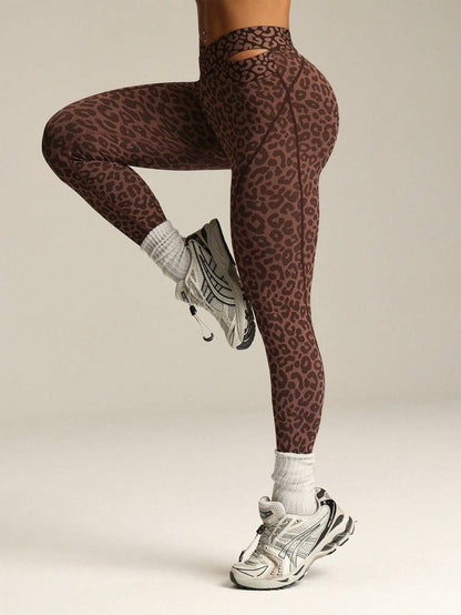 Women's Leopard Print Athletic Shorts – Crisscross Waistband for Fitness & Running