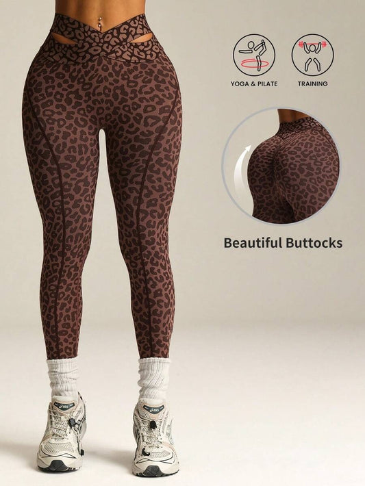Women's Leopard Print Athletic Shorts – Crisscross Waistband for Fitness & Running