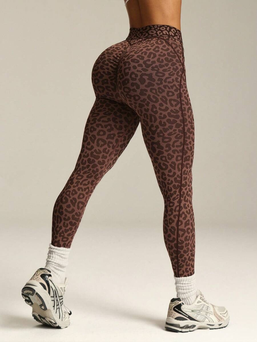 Women's Leopard Print Athletic Shorts – Crisscross Waistband for Fitness & Running