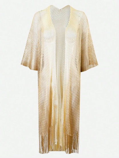 Women’s Long Beach Kimono – Colorful Ribbon Detail, High Slit & Tie Waist