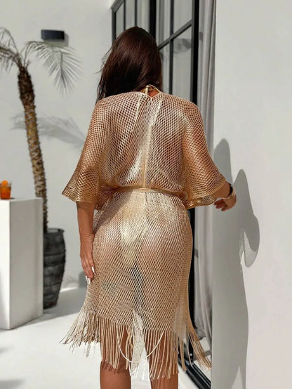 Women’s Long Beach Kimono – Colorful Ribbon Detail, High Slit & Tie Waist
